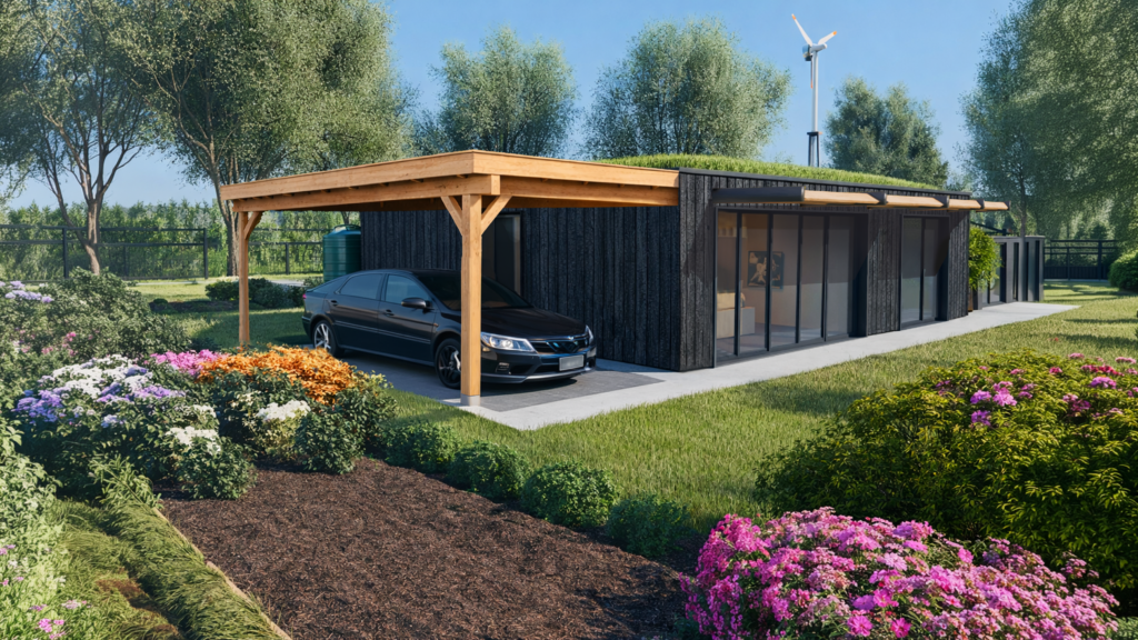 maison-T2-plat-vegatalise-bardageboisbrule-aluminiumral2100-eolinnerecuperateureaupluiepuitcanadien-garage