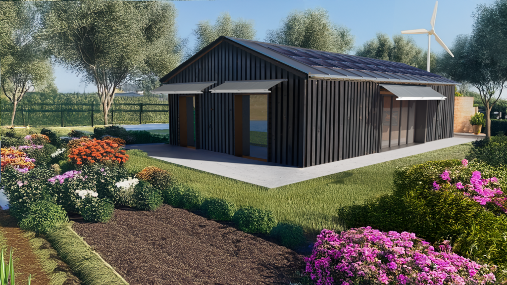 rendu T3 toit m‚tal bardage bois brul‚ store ban